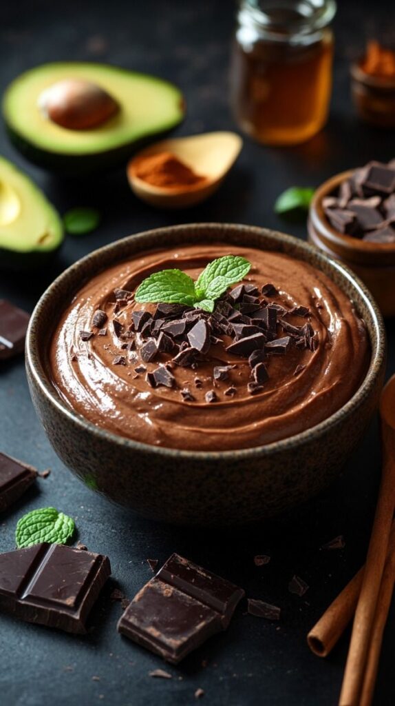 Creamy chocolate avocado mousse topped with chopped dark chocolate, mint leaves, and surrounded by fresh ingredients.