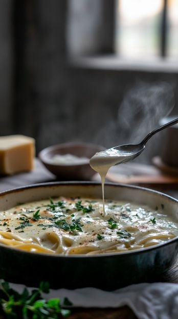 Creamy pasta with herbs in a bowl, steam rising, spoon drizzling sauce, cozy kitchen setting.