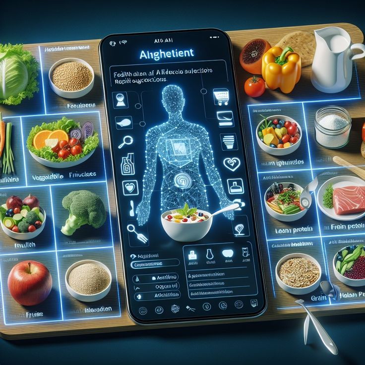 Digital interface showing nutrition and health data with fresh food images on a futuristic smartphone screen.