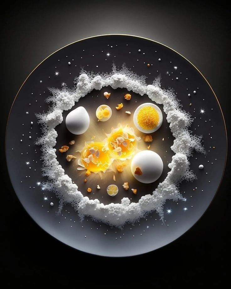 Creative gourmet dish resembling a cosmic scene with eggs, foams, and textured layers on a dark plate.