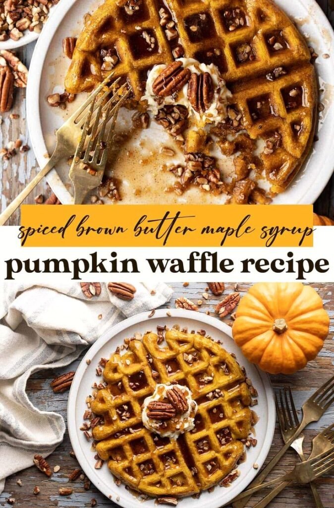 Delicious pumpkin waffles with spiced brown butter maple syrup, topped with pecans on a rustic table.