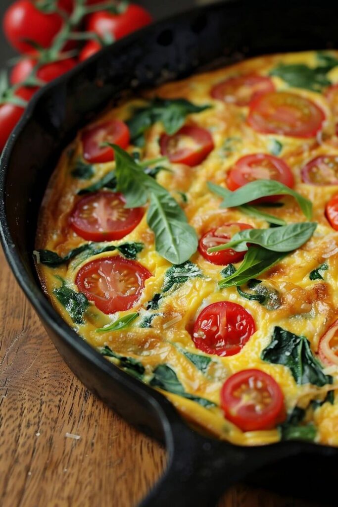 Delicious tomato and spinach frittata in a skillet, garnished with fresh basil leaves. Perfect for breakfast or brunch.