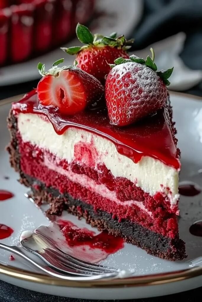 Delicious red velvet cheesecake topped with fresh strawberries and a drizzle of syrup on a white plate.