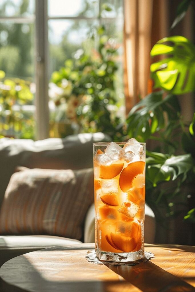 Chilled peach iced tea in a sunlit room with plants in the background, perfect for a refreshing summer drink.