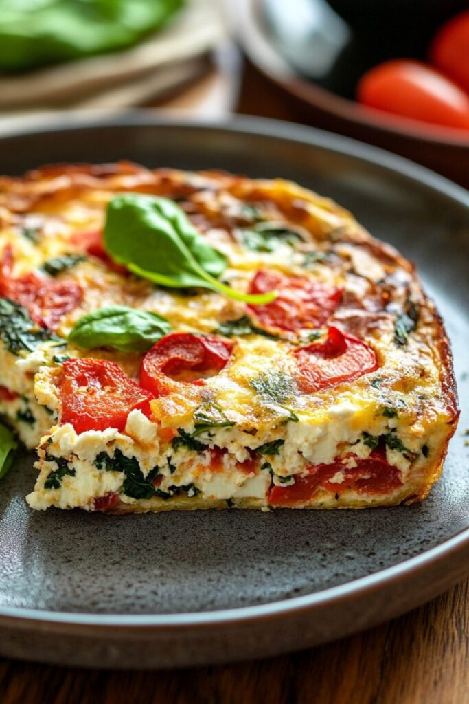 Slice of vegetable quiche with tomatoes, spinach, and cheese on a gray plate, garnished with fresh basil leaves.