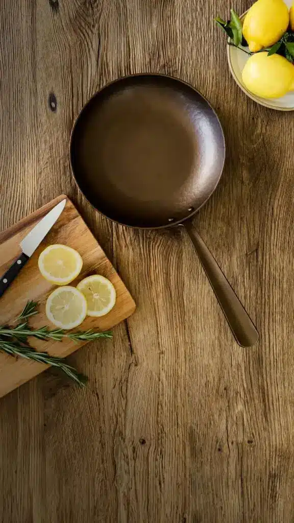 Rustic kitchen scene with frying pan, cutting board with sliced lemon, rosemary, and a bowl of whole lemons.