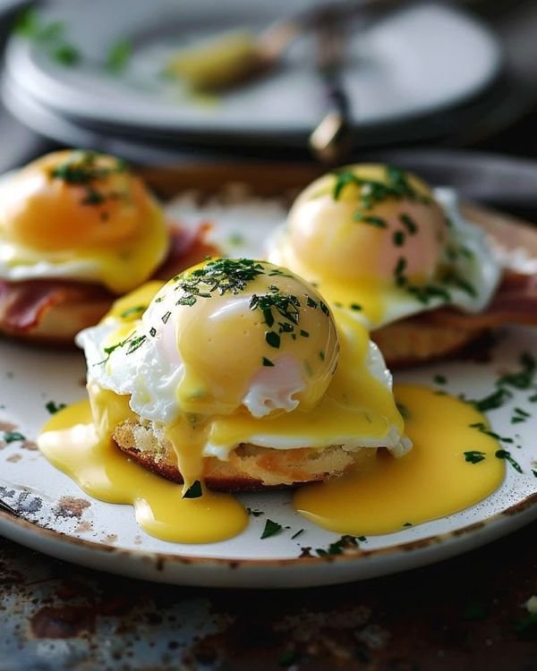 Delicious Eggs Benedict on a plate, topped with creamy hollandaise sauce and garnished with fresh herbs.