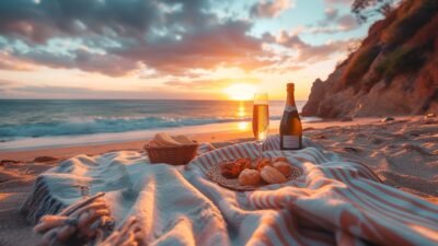 Beach picnic with champagne and pastries at sunset, set on a cozy blanket by the ocean.