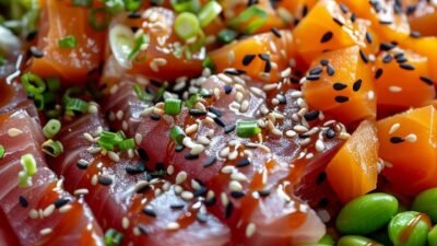 Close-up of a colorful poke bowl with fresh tuna, salmon, edamame, and sesame seeds on rice.