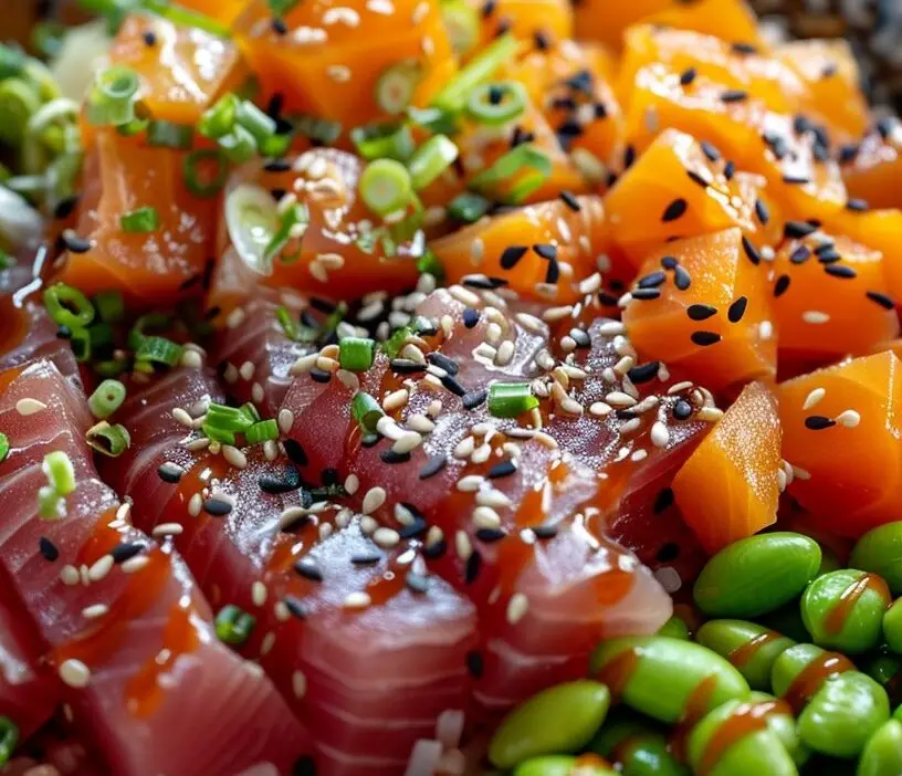 Close-up of a colorful poke bowl with fresh tuna, salmon, edamame, and sesame seeds on rice.