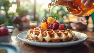 Delicious waffles topped with fresh strawberries and peaches, drizzled with syrup, perfect for a breakfast delight.