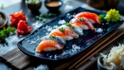 Assorted sushi on a black plate with garnish, featuring salmon and tuna nigiri, surrounded by culinary decor.