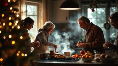 Family cooking together in a cozy kitchen, decorated for Christmas. Warm, festive atmosphere with steam rising.