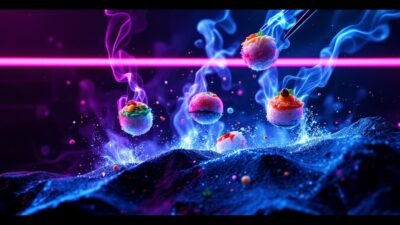 Colorful sushi balls levitating with blue smoke, set against a vibrant neon background.