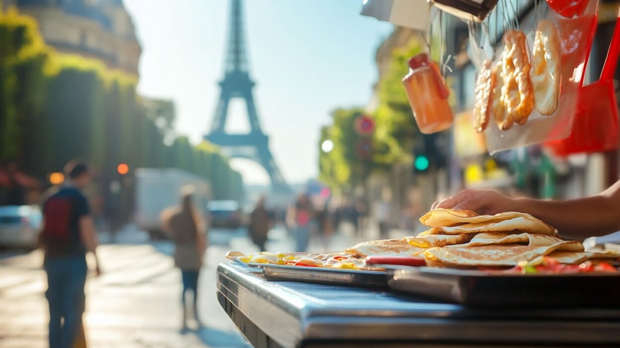 Street vendor selling crepes near Eiffel Tower in Paris with blurred background of people walking.