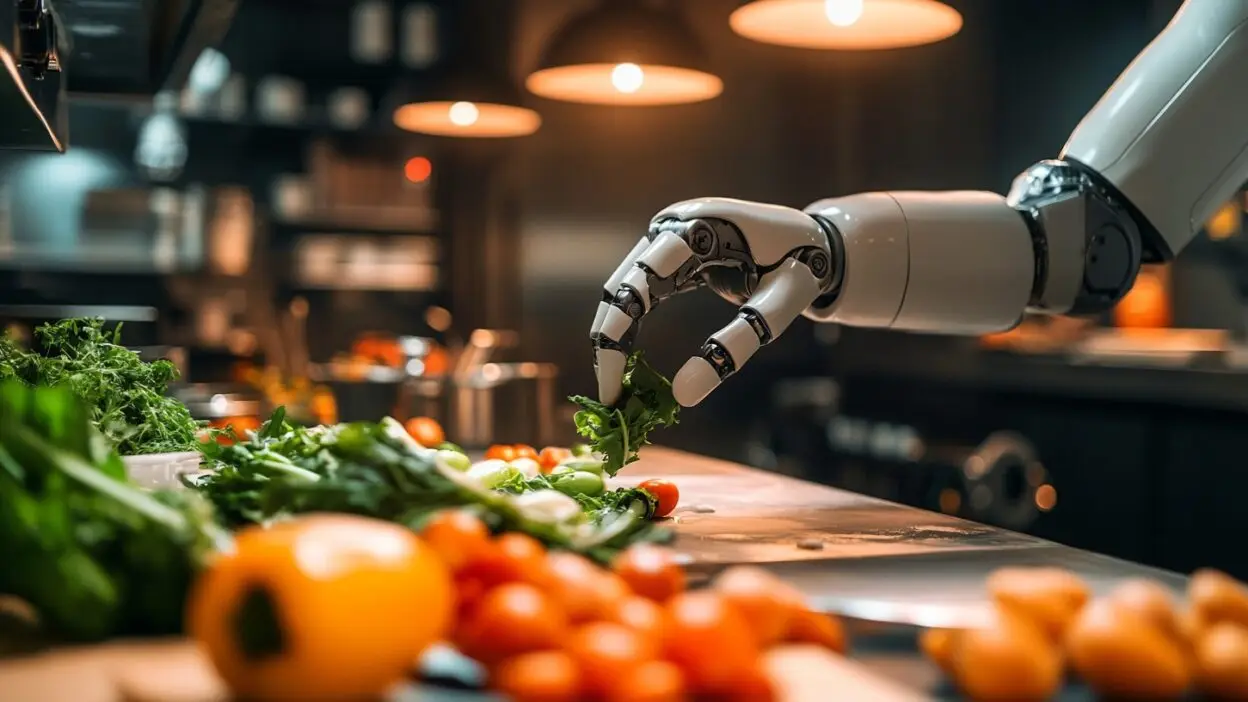 Robotic hand preparing fresh vegetables in a modern kitchen under warm lighting.