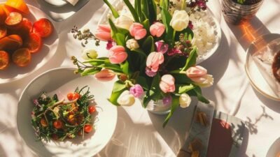 Elegant spring brunch setup with tulip centerpiece, salads, and drinks on a sunlit table.