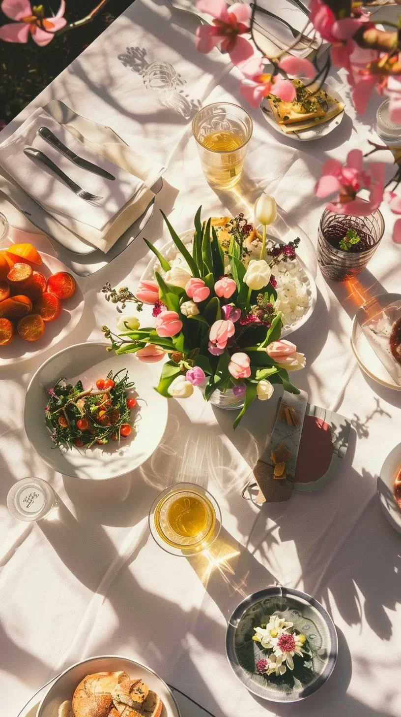 Elegant spring brunch setup with tulip centerpiece, salads, and drinks on a sunlit table.