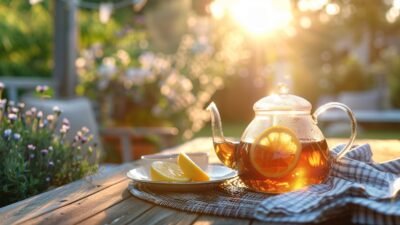 Glass teapot with lemon slices, sunlit outdoor setting, on wooden table with napkin and flowers.