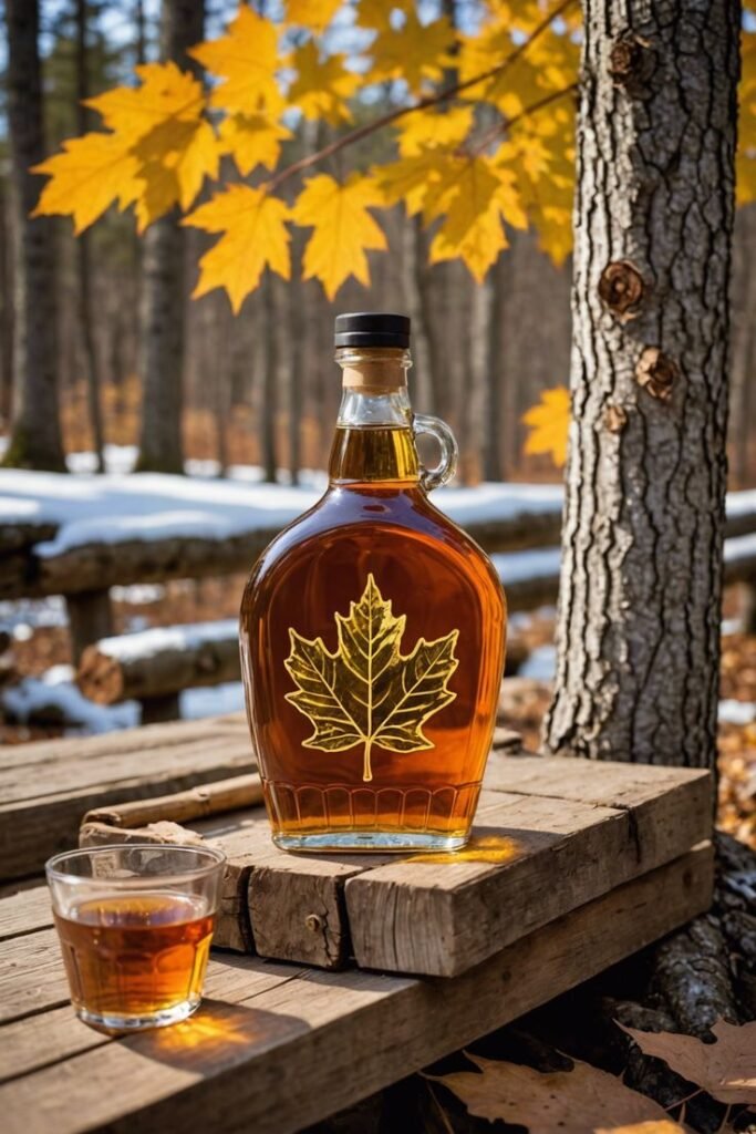 Bottle of maple syrup on wooden table in an autumn forest setting with maple leaves.