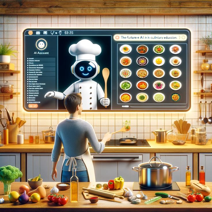 AI culinary assistant guiding a person in a modern kitchen, showcasing various dishes on a digital screen.
