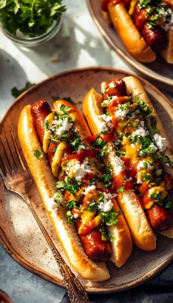 Gourmet hot dogs topped with mustard, ketchup, fresh cilantro, and crumbled cheese on a ceramic plate.