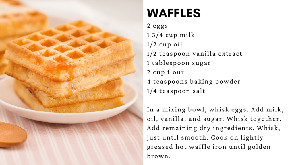 Browning waffles with a recipe that includes eggs, milk, and vanilla, ready for cooking. Perfect breakfast idea!