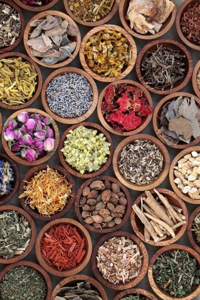 Assorted dried herbs and spices in wooden bowls, showcasing a colorful variety for cooking and herbal remedies.