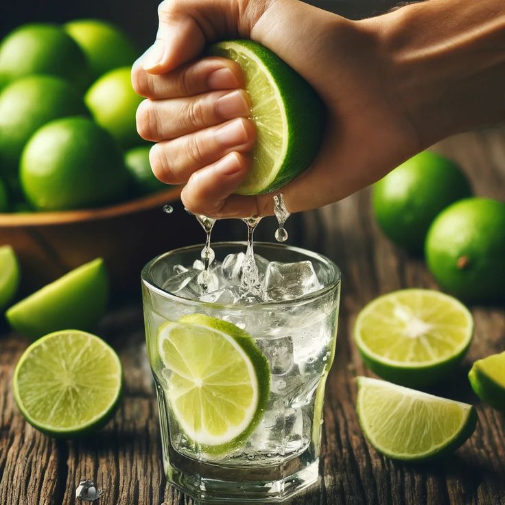 Hand squeezing fresh lime juice into a glass with ice on a wooden table, surrounded by whole and sliced limes.