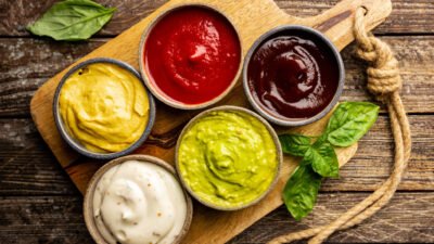 Assorted colorful sauces in bowls on a wooden board, with basil leaves on rustic background.