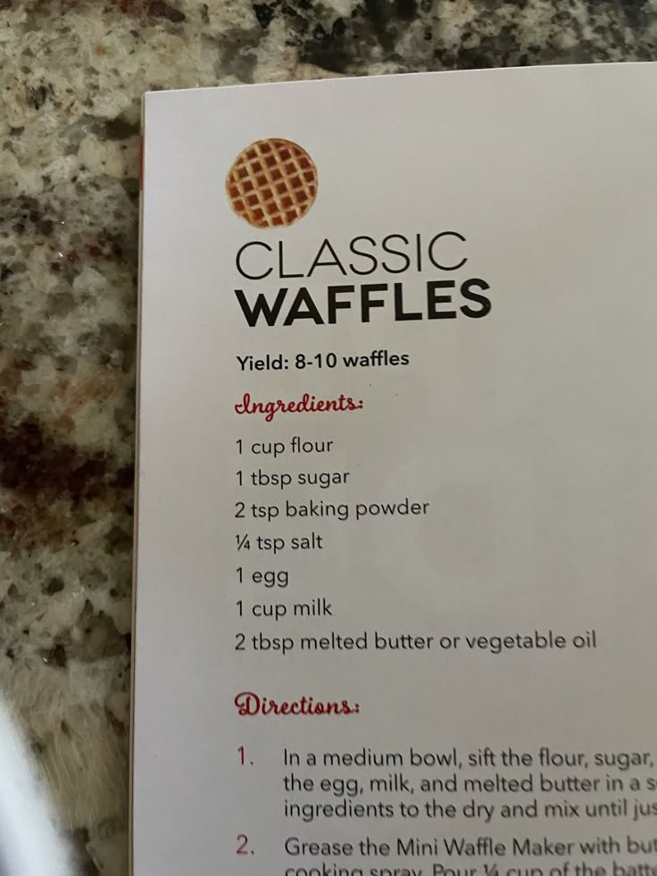 Recipe for classic waffles with ingredients including flour, sugar, baking powder, and eggs. Yields 8-10 waffles.