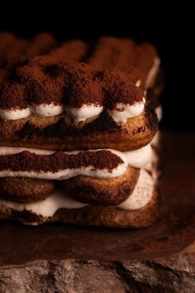 Close-up of a richly layered tiramisu dessert with cocoa dusting on top, against a dark background.