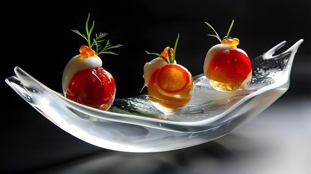 Gourmet appetizers on elegant glass plate, featuring red spheres with garnish, on a dark background.