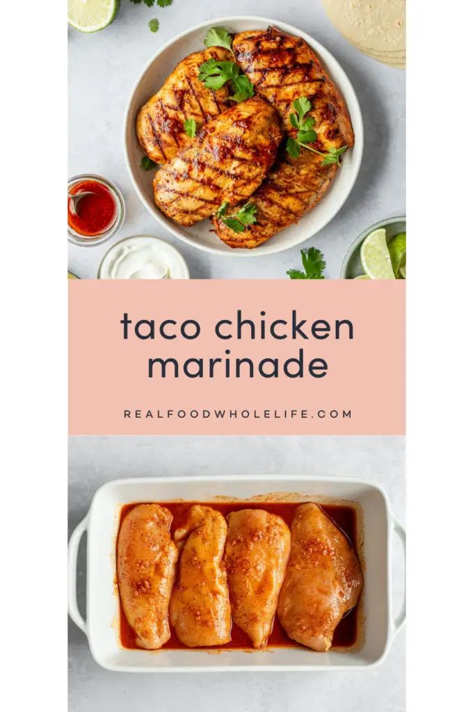 Grilled taco chicken with marinade in a dish, garnished with cilantro, lime, and sauces. Perfect for flavorful meals.
