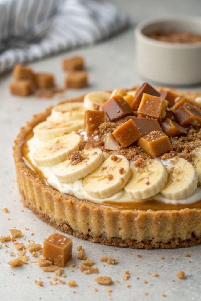 Delicious caramel banana tart topped with slices and creamy filling, perfect dessert for sweet tooth cravings.