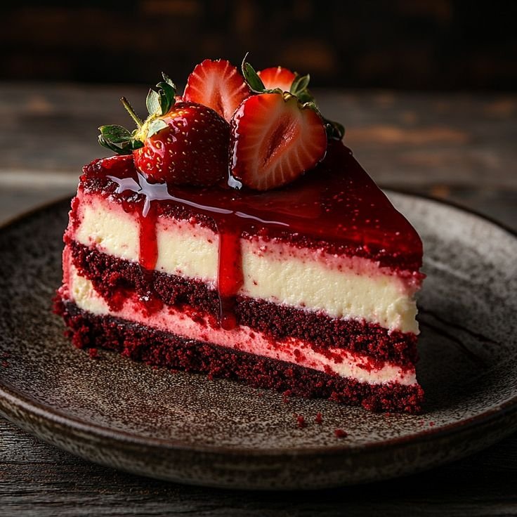 Slice of red velvet cheesecake topped with strawberries and berry sauce on a rustic plate.