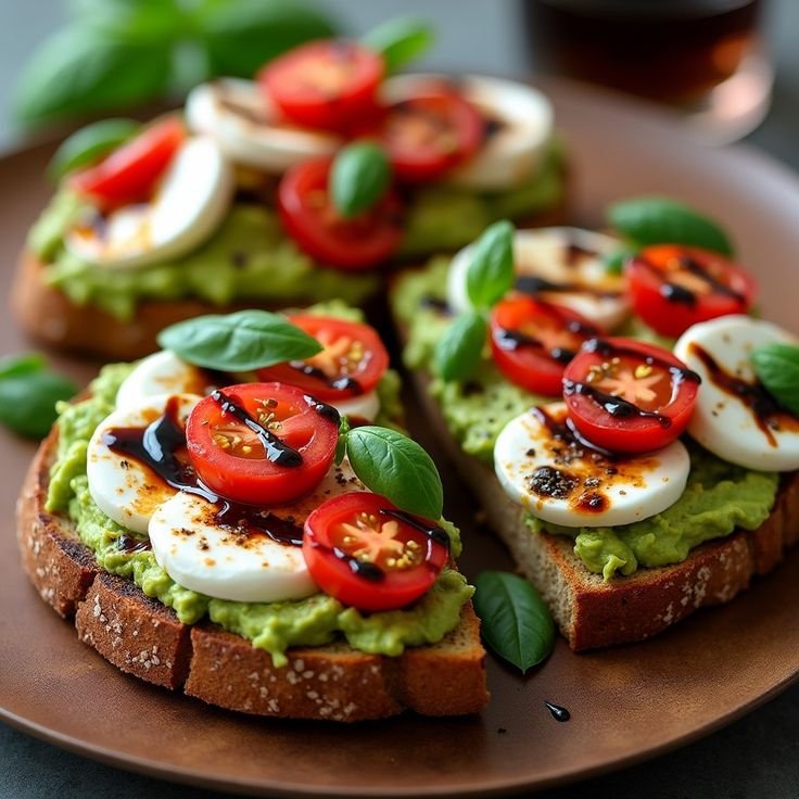 Caprese avocado toast with mozzarella, cherry tomatoes, fresh basil, and balsamic glaze on whole grain bread.