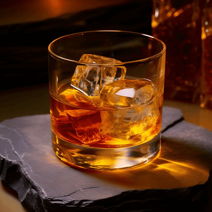 Glass of whiskey with ice cubes on a dark stone surface, warm lighting. Perfect for beverage and lifestyle content.