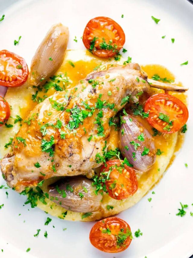Chief Stories 14 Delectable Rabbit Recipes - Beautiful Dawn Designs Gourmet rabbit dish on creamy mash with cherry tomatoes, shallots, and fresh parsley garnish.