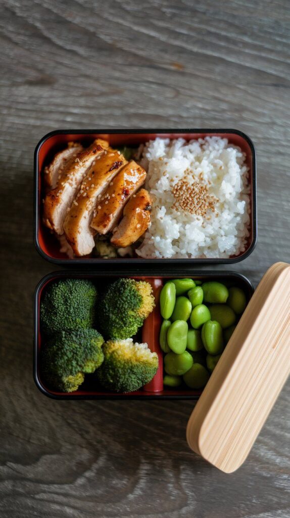 Delicious bento box with grilled chicken, rice, broccoli, and edamame on a wooden surface. Perfect for a healthy meal.