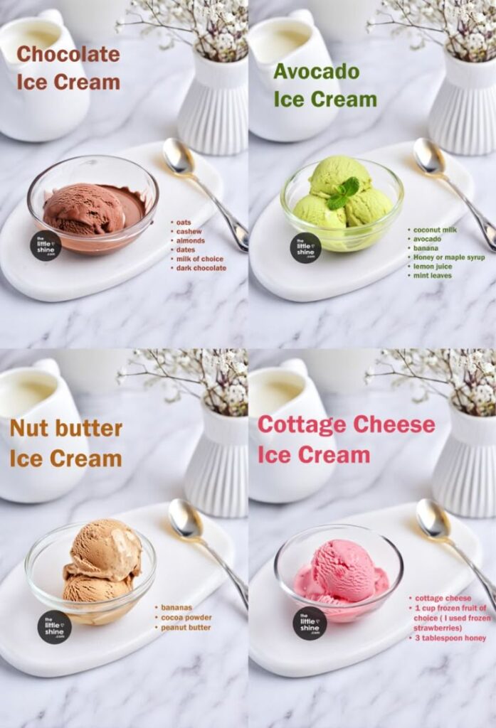 Four bowls of vegan ice cream: chocolate, avocado, nut butter, and cottage cheese on a marble table with ingredients listed.