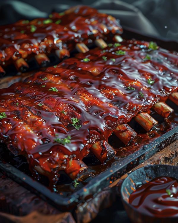 Juicy BBQ ribs glazed with tangy sauce, garnished with herbs, on a tray with a side dip. Perfect for a savory meal.
