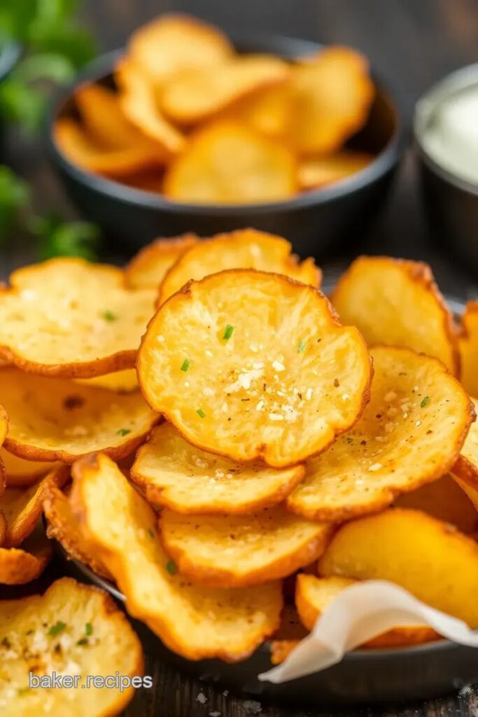 Crispy homemade potato chips with herbs in a bowl, perfect savory snack.