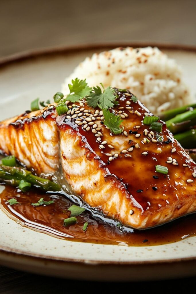 Grilled salmon with teriyaki glaze and sesame seeds, served with rice and asparagus, garnished with cilantro.