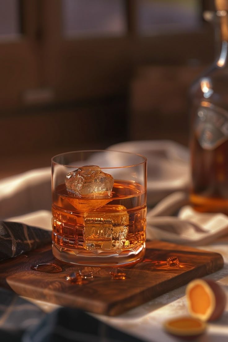 Glass of whiskey with ice on a wooden board, set in a cozy, warmly lit room.