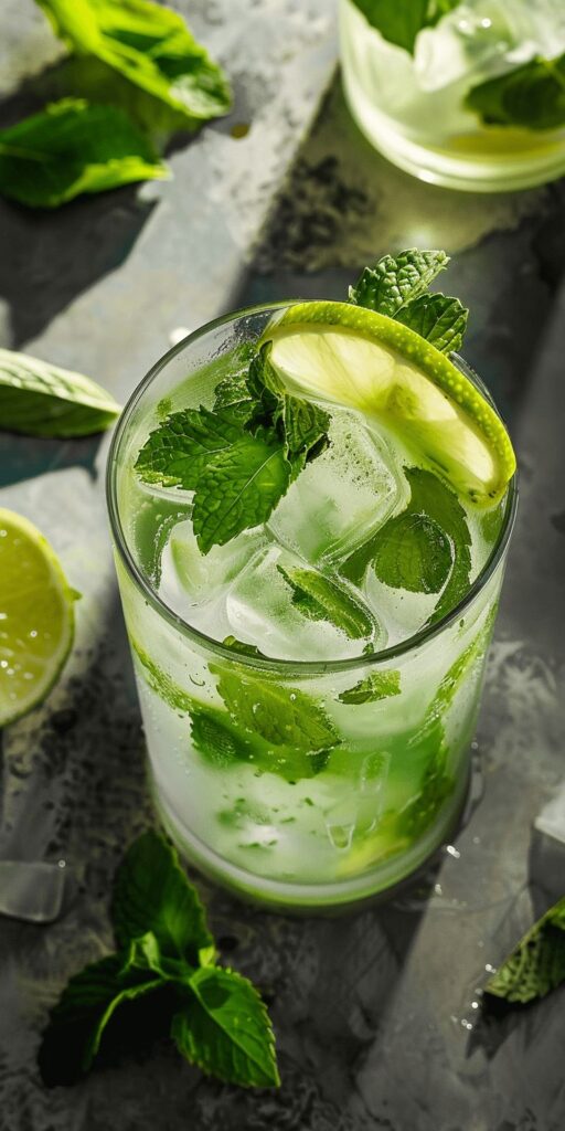 Refreshing mojito cocktail with ice, fresh mint leaves, and lime slice in a glass. Perfect summer drink.