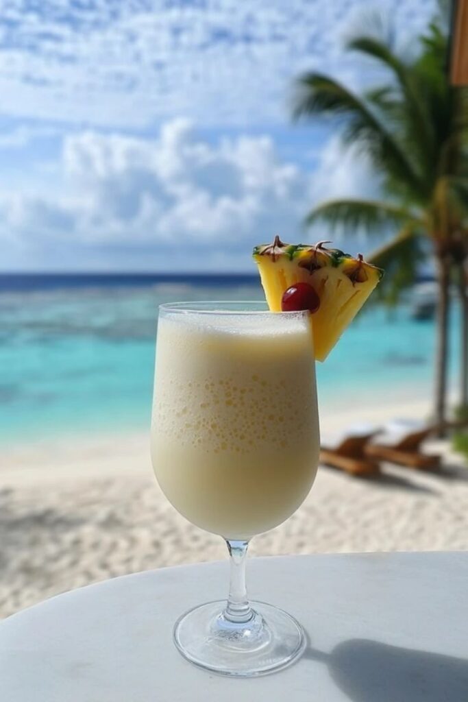 Tropical piña colada on a beach table with ocean view and palm trees in the background.