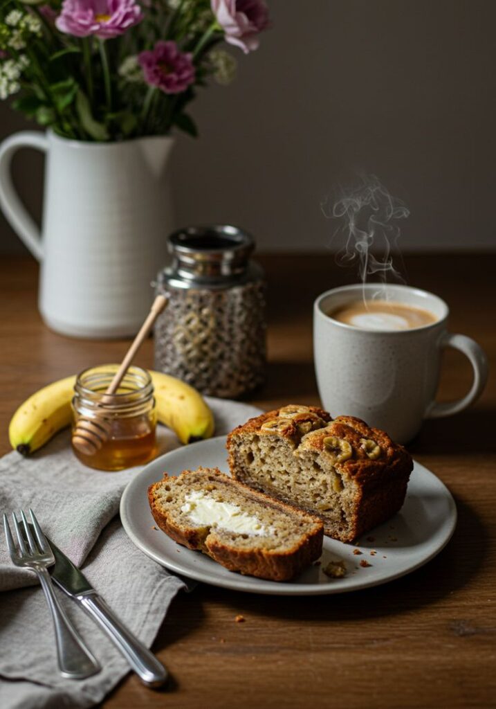 Banana bread slice with butter, cup of coffee, honey, and bananas on a wooden table, with flowers in background.