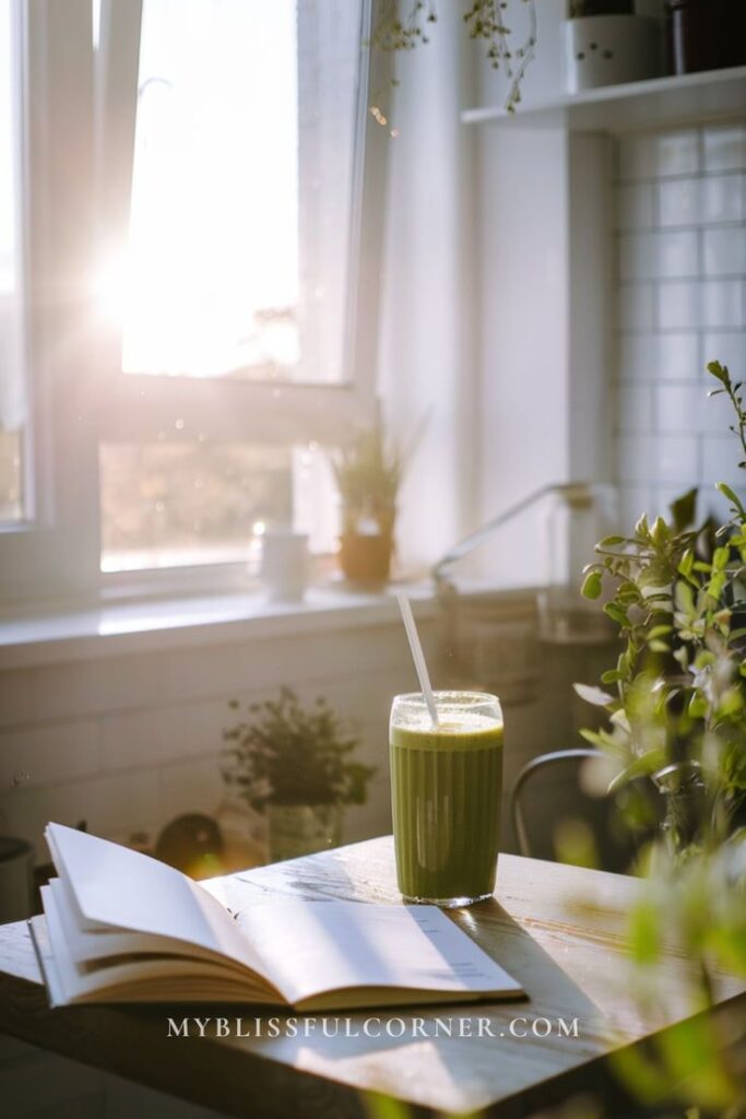Sunlit kitchen with a green smoothie and open book on a wooden table. Relaxing morning vibes.