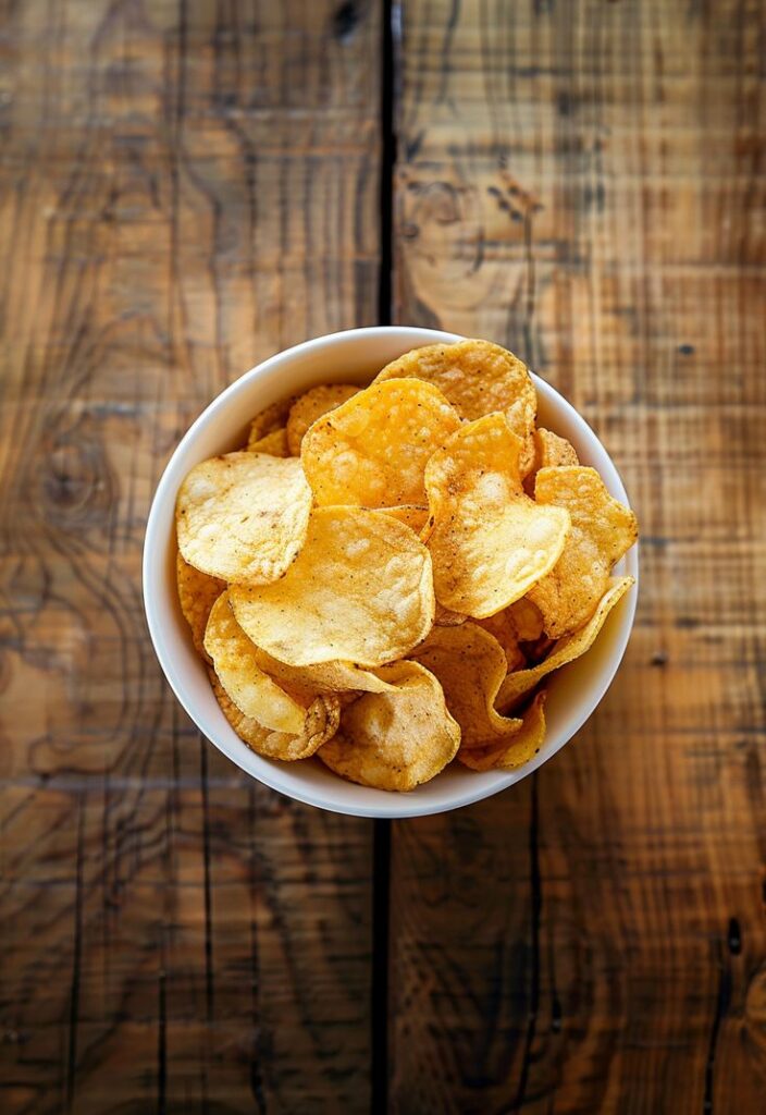 Bowl of crispy potato chips on rustic wooden table, perfect for a snack or party appetizer.